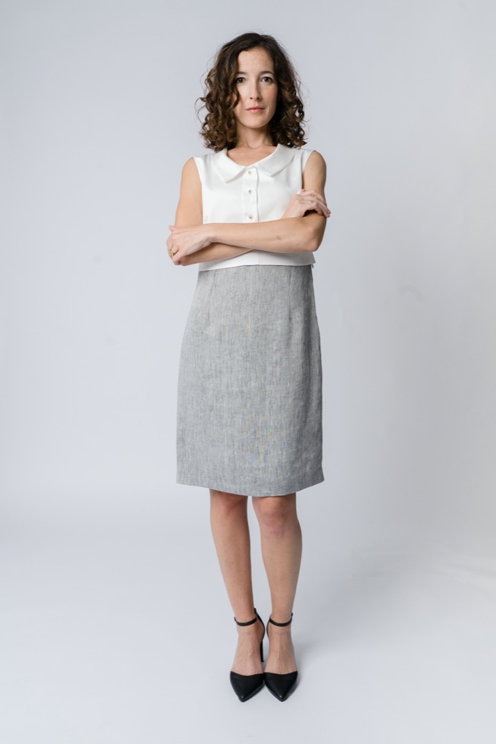 Pencil skirt-element in gray yarn-dyed hemp