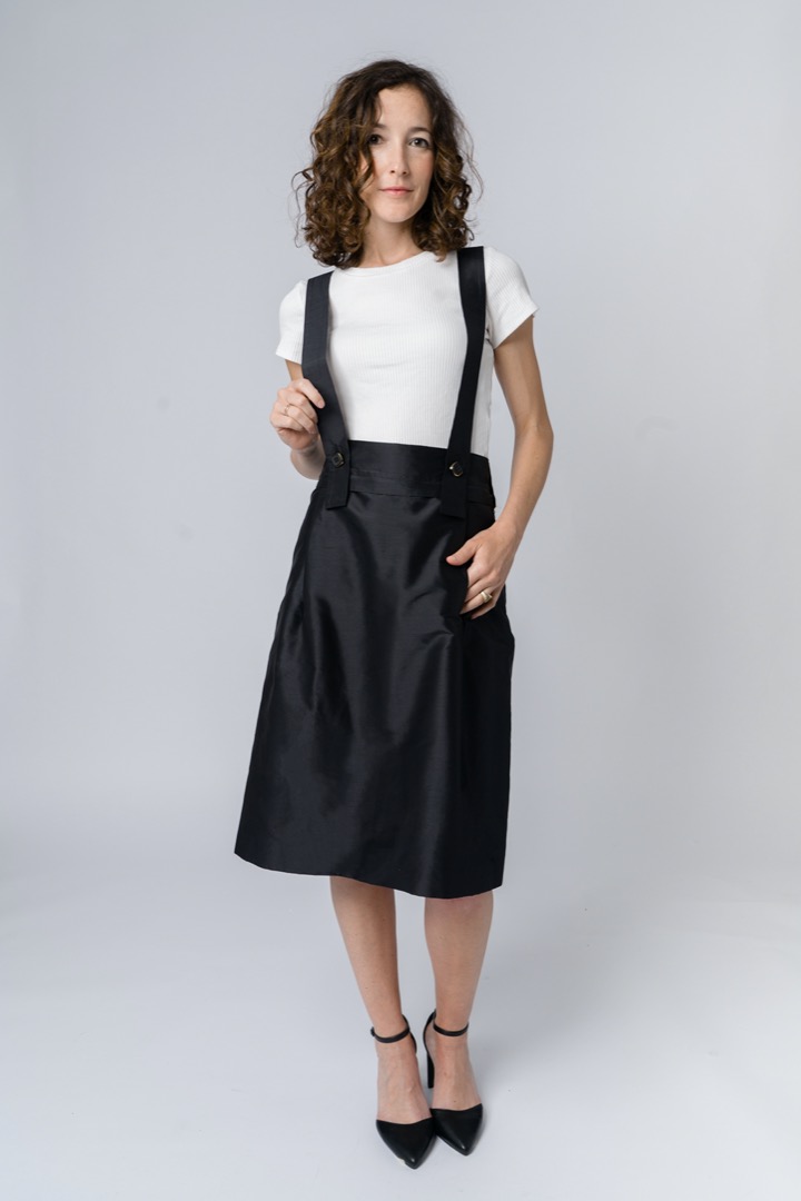 The A-line Divisible Dress with top with suspenders in black silk shantung