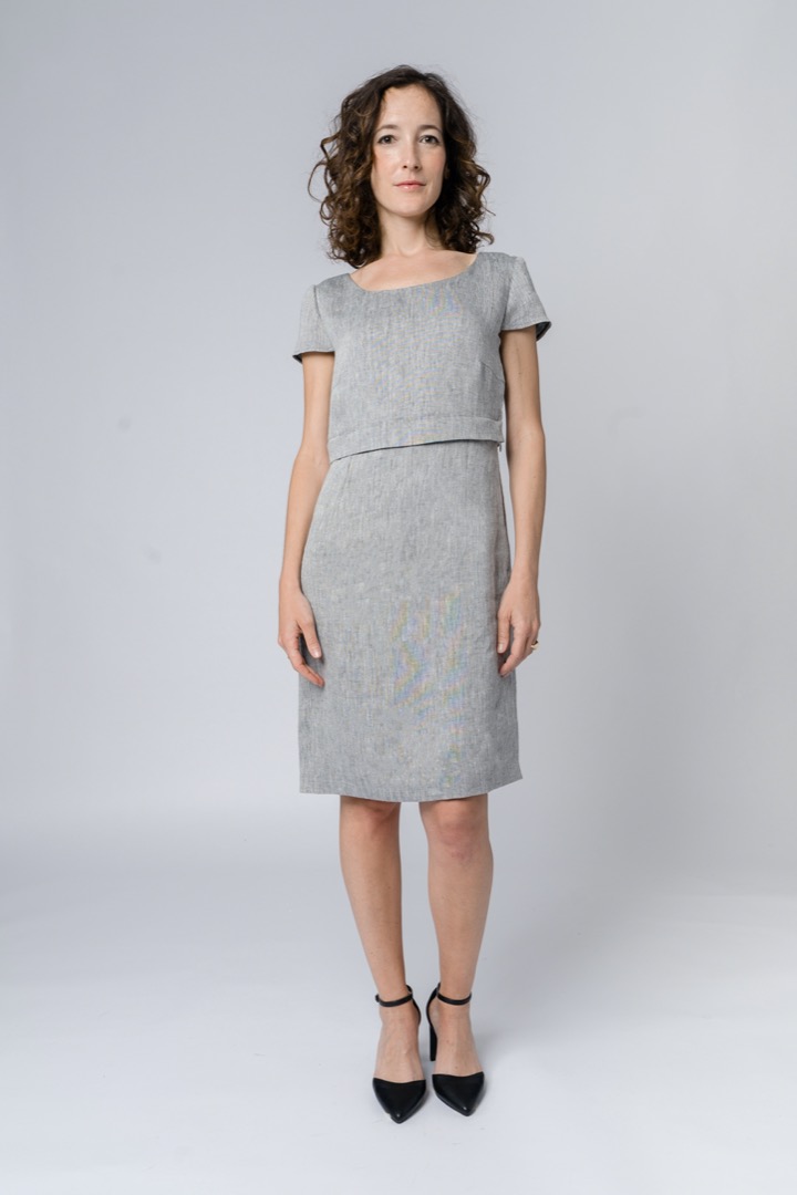 The Divisible Dress in gray yarn-dyed hemp with cap sleeves