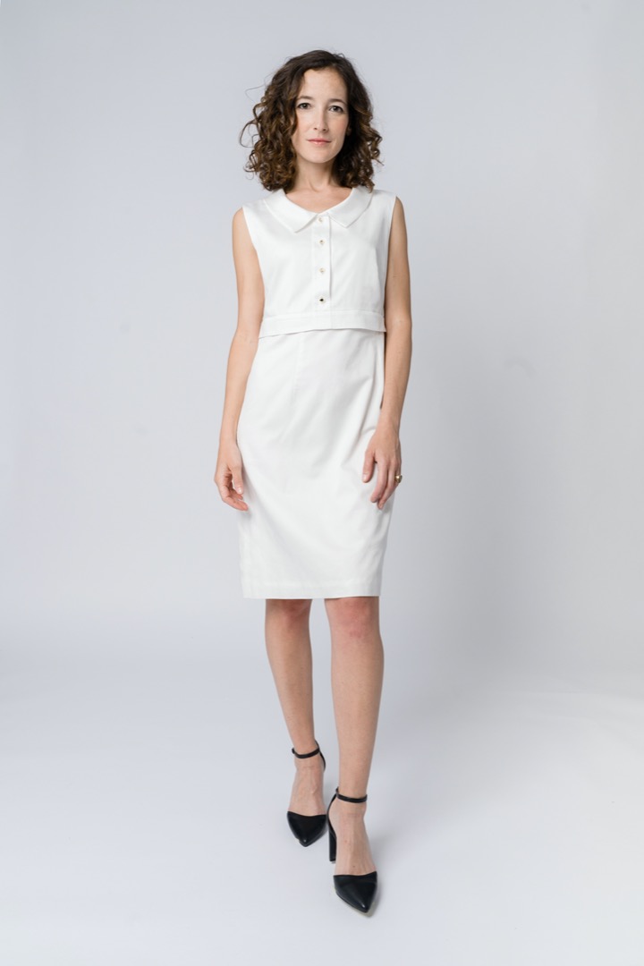 The Divisible Dress in white sateen cotton with shirt collar top