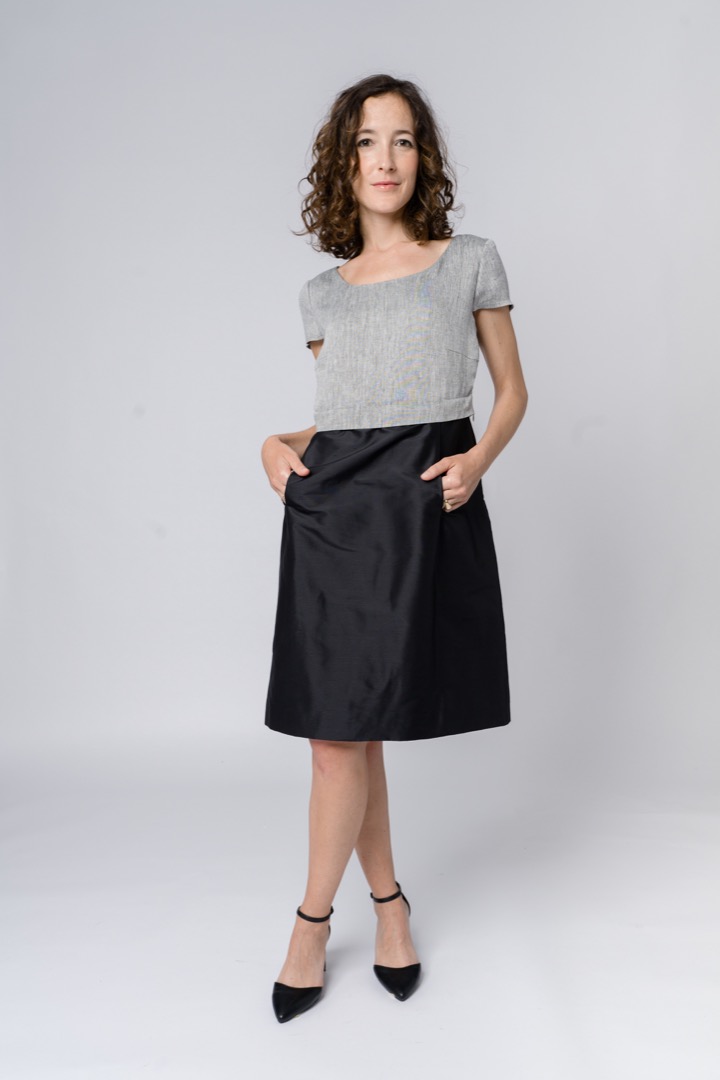 Gray yarn-dyed hemp top with cap sleeves